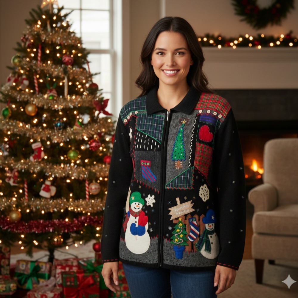 Designer Originals Studio Zip Up Knit Sweater Size‎ 1X Holiday Ugly Sweater